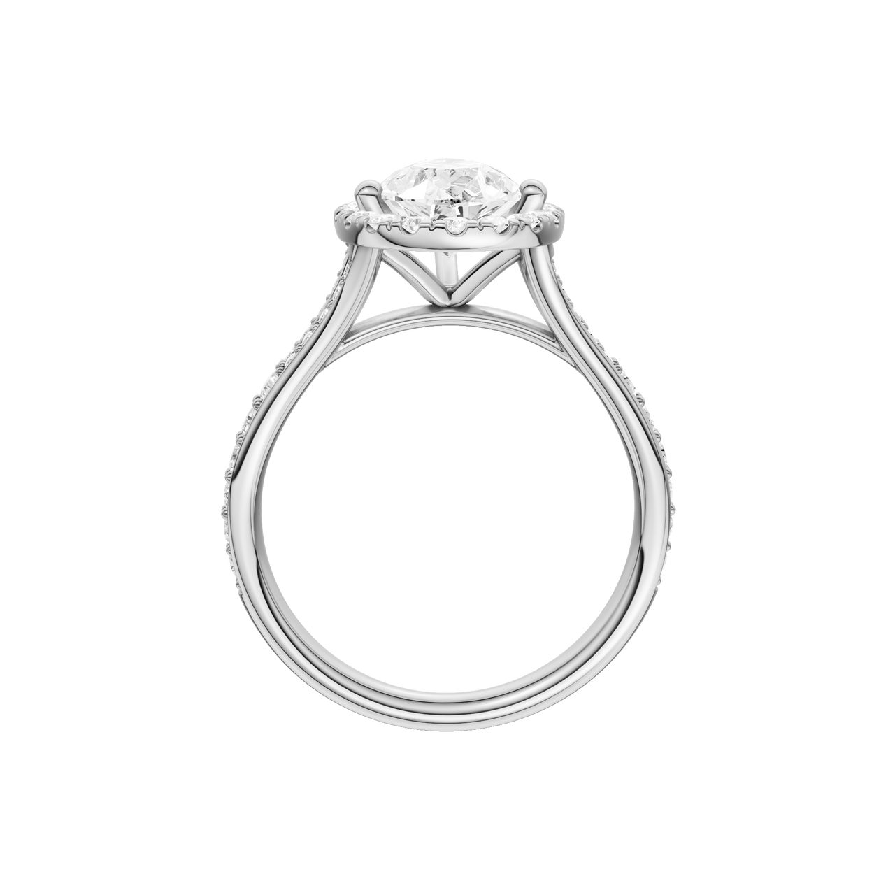 A profile view of the Pear cut diamond engagement ring in platinum with a diamond channel band and split setting