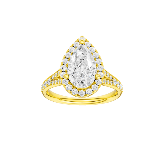A front view of the Pear cut diamond engagement ring in 14k yellow gold with a diamond channel band and split setting