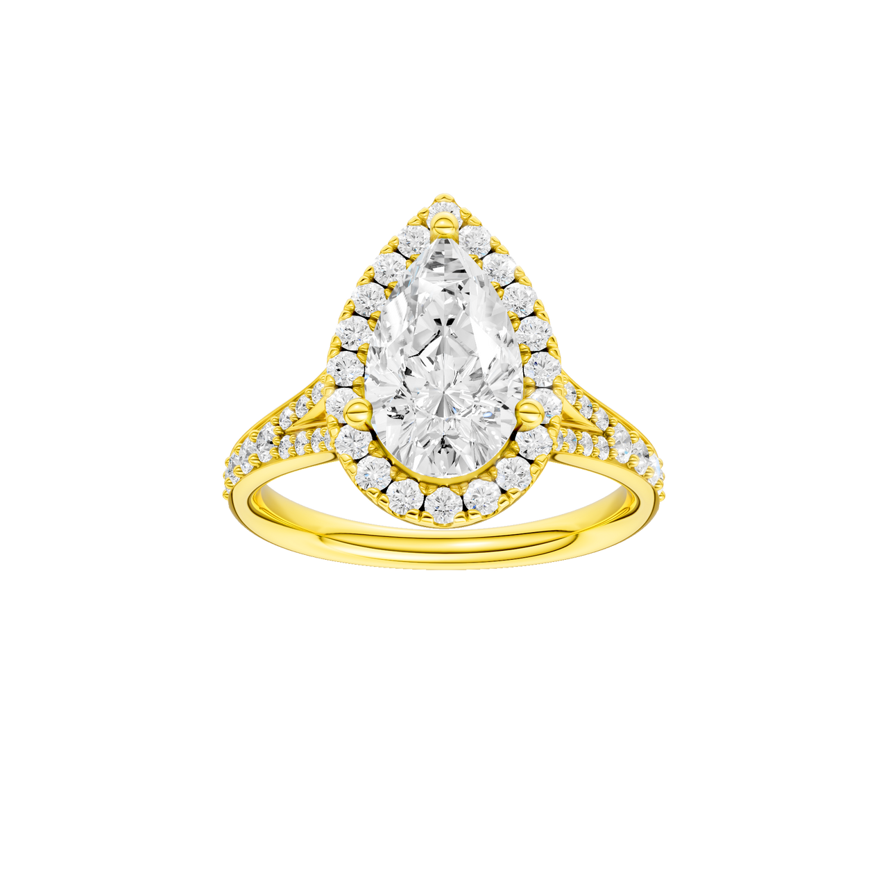 A front view of the Pear cut diamond engagement ring in 14k yellow gold with a diamond channel band and split setting