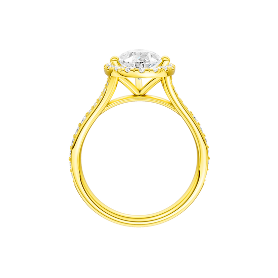 A profile view of the Pear cut diamond engagement ring in 14k yellow gold with a diamond channel band and split setting