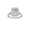 A front view of the Radiant cut diamond engagement ring in platinum with a diamond channel band and split setting