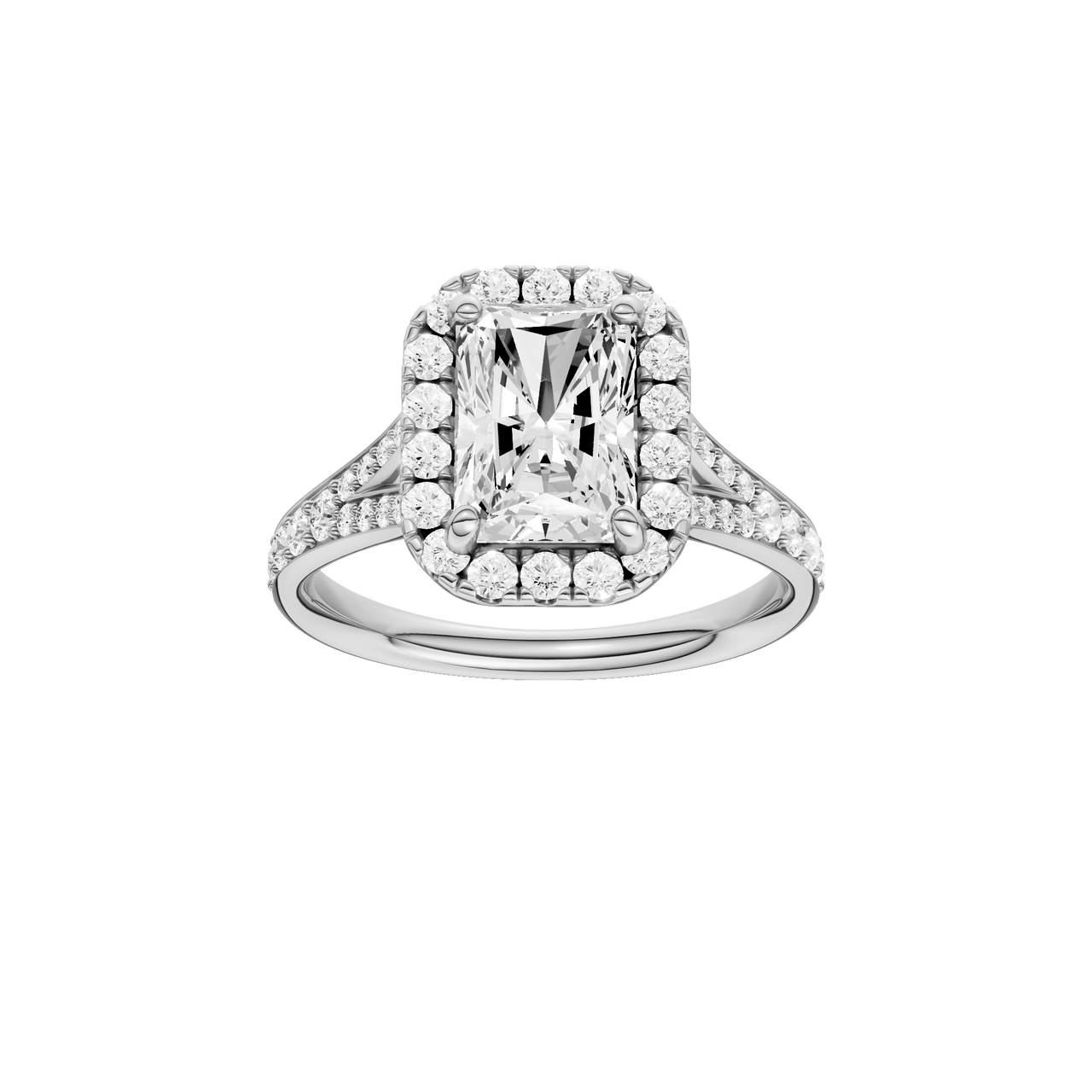 A front view of the Radiant cut diamond engagement ring in platinum with a diamond channel band and split setting
