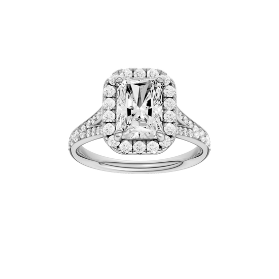 A front view of the Radiant cut diamond engagement ring in 14k white gold with a diamond channel band and split setting