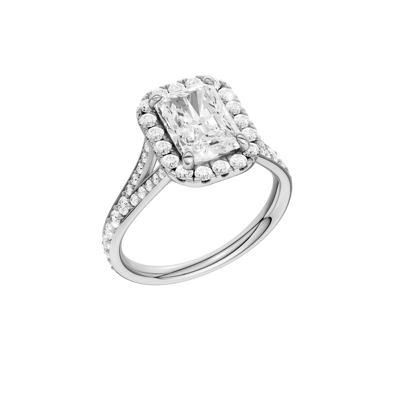 A three-quarter view of the Radiant cut diamond engagement ring in 14k white gold with a diamond channel band and split setting
