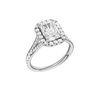 A three-quarter view of the Radiant cut diamond engagement ring in platinum with a diamond channel band and split setting