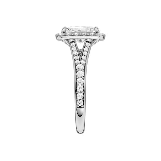 A side view of the Radiant cut diamond engagement ring in platinum with a diamond channel band and split setting