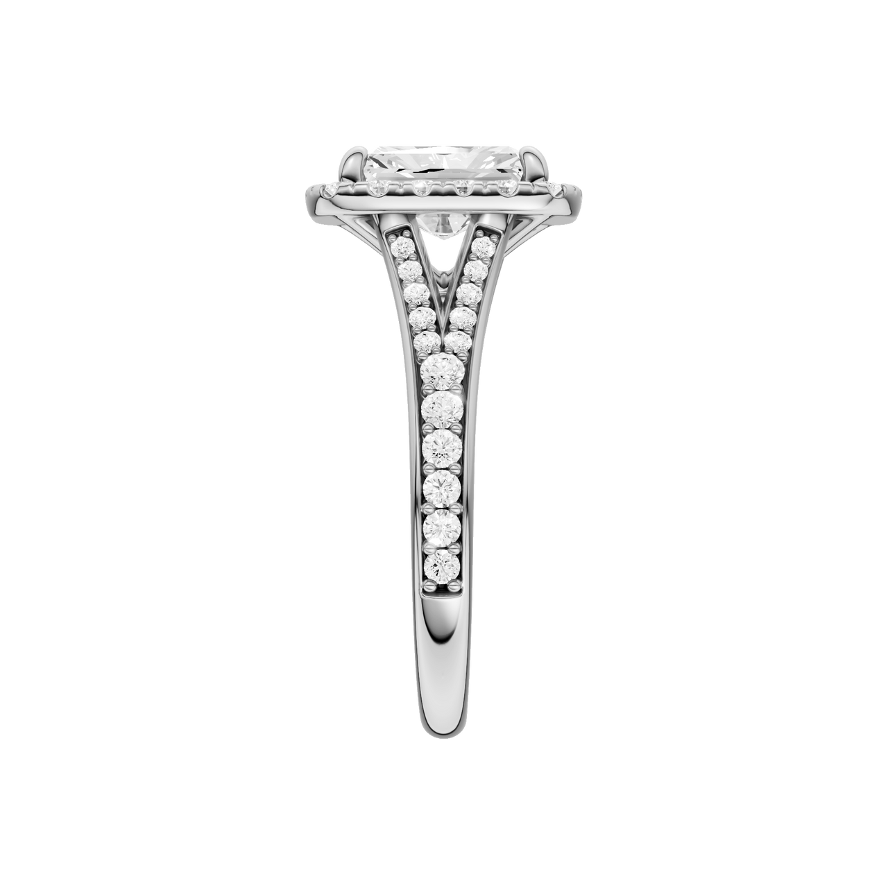 A front view of the Radiant cut diamond engagement ring in 14k white gold with a diamond channel band and split setting