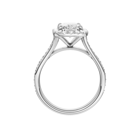 A profile view of the Radiant cut diamond engagement ring in platinum with a diamond channel band and split setting