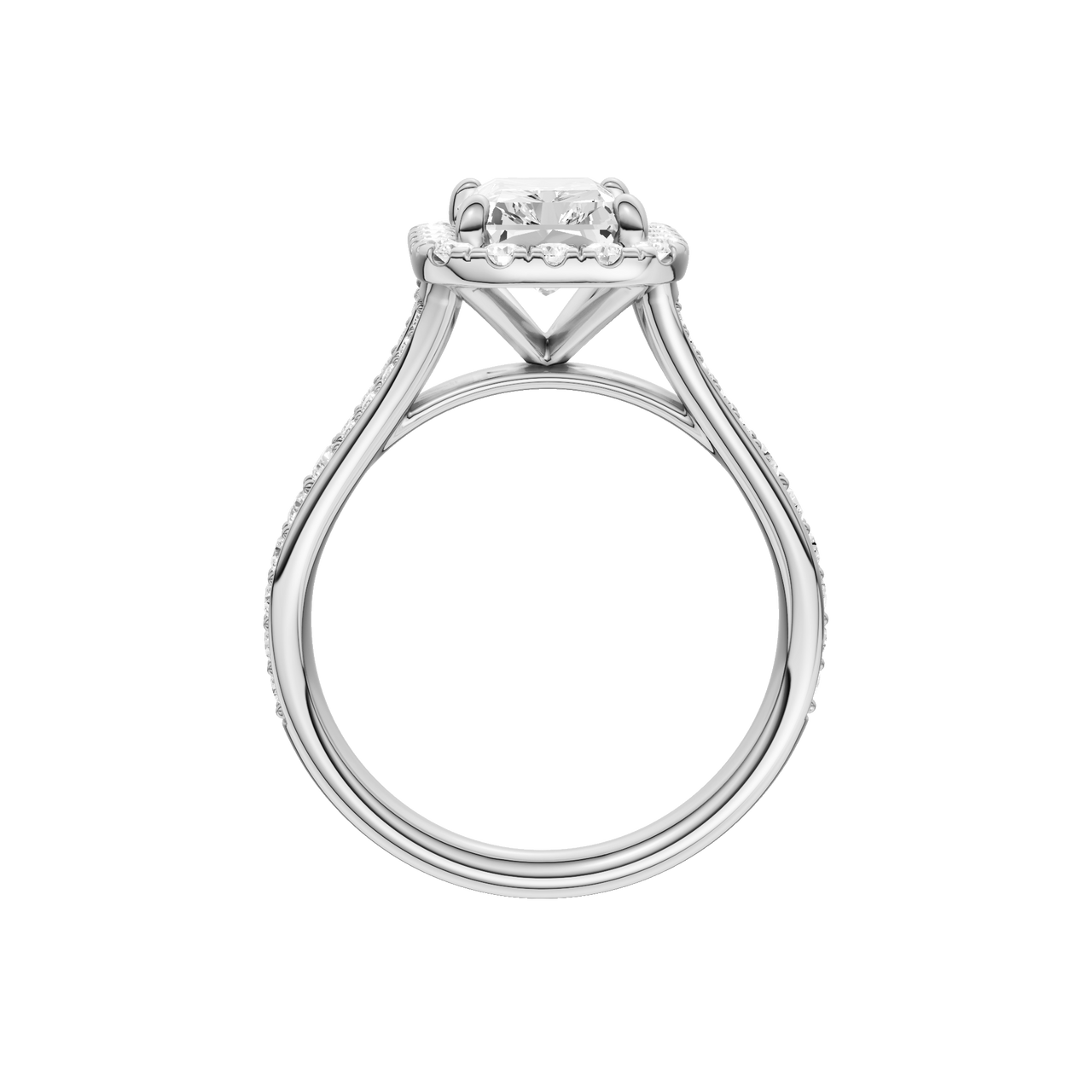 A profile view of the Radiant cut diamond engagement ring in 14k white gold with a diamond channel band and split setting
