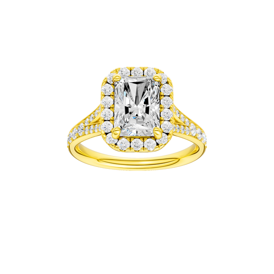 A front view of the Radiant cut diamond engagement ring in 14k yellow gold with a diamond channel band and split setting