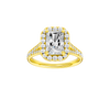 A front view of the Radiant cut diamond engagement ring in 14k yellow gold with a diamond channel band and split setting