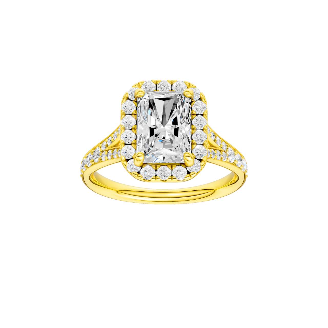 A front view of the Radiant cut diamond engagement ring in 14k yellow gold with a diamond channel band and split setting