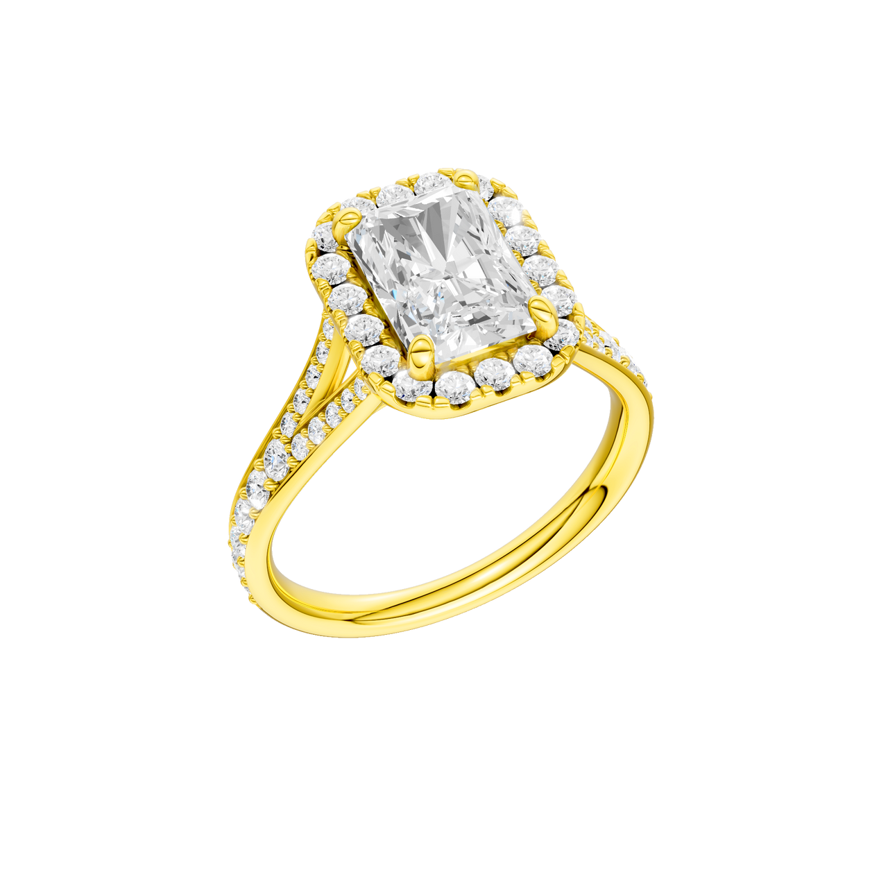 A three-quarter view of the Radiant cut diamond engagement ring in 14k yellow gold with a diamond channel band and split setting