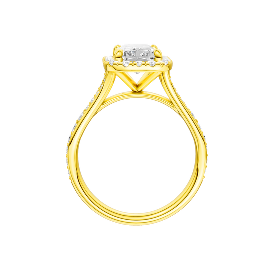 A profile view of the Radiant cut diamond engagement ring in 14k yellow gold with a diamond channel band and split setting