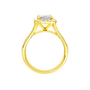 A profile view of the Radiant cut diamond engagement ring in 14k yellow gold with a diamond channel band and split setting