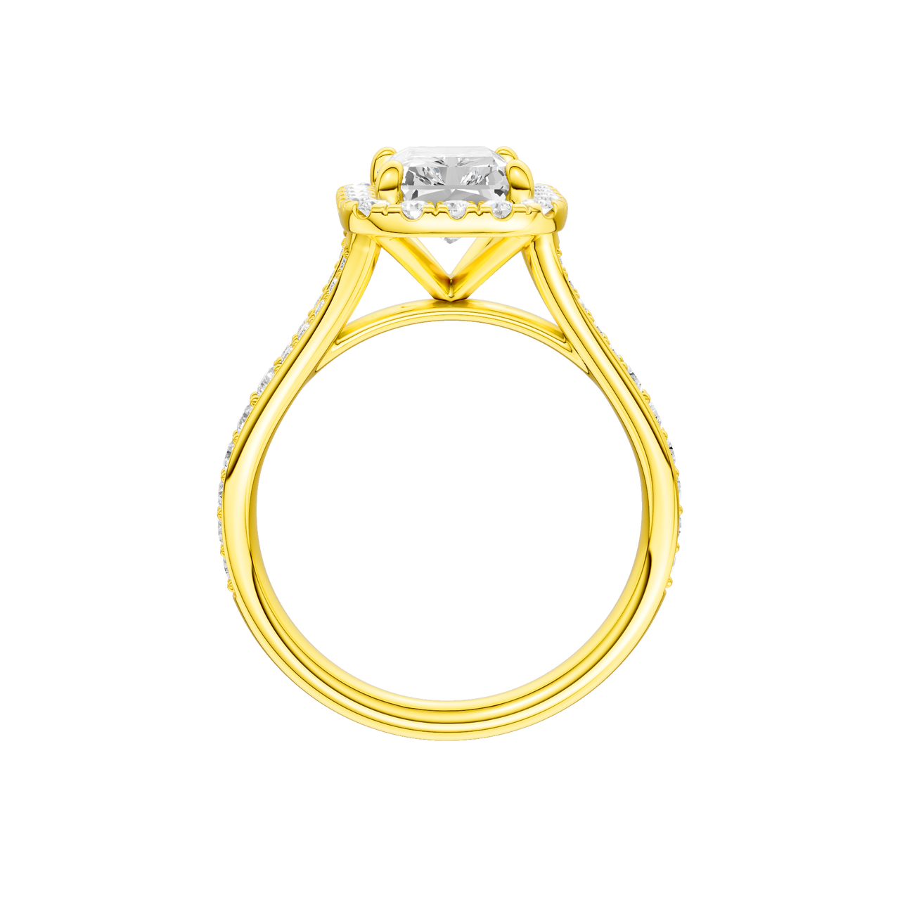 A profile view of the Radiant cut diamond engagement ring in 14k yellow gold with a diamond channel band and split setting