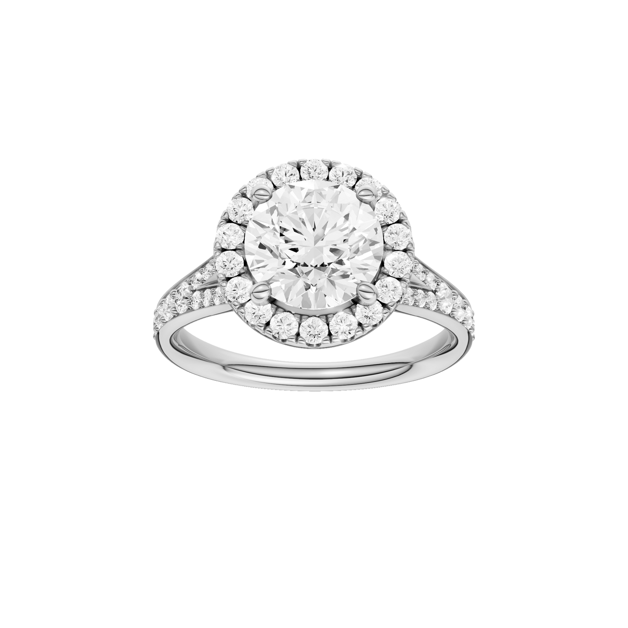 A front view of the Round cut diamond engagement ring in platinum with a diamond channel band and split setting