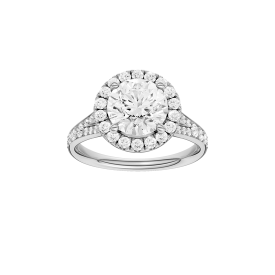 A front view of the Round cut diamond engagement ring in 14k white gold with a diamond channel band and split setting