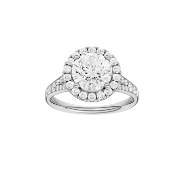 A front view of the Round cut diamond engagement ring in 14k white gold with a diamond channel band and split setting