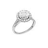 A three-quarter view of the Round cut diamond engagement ring in platinum with a diamond channel band and split setting