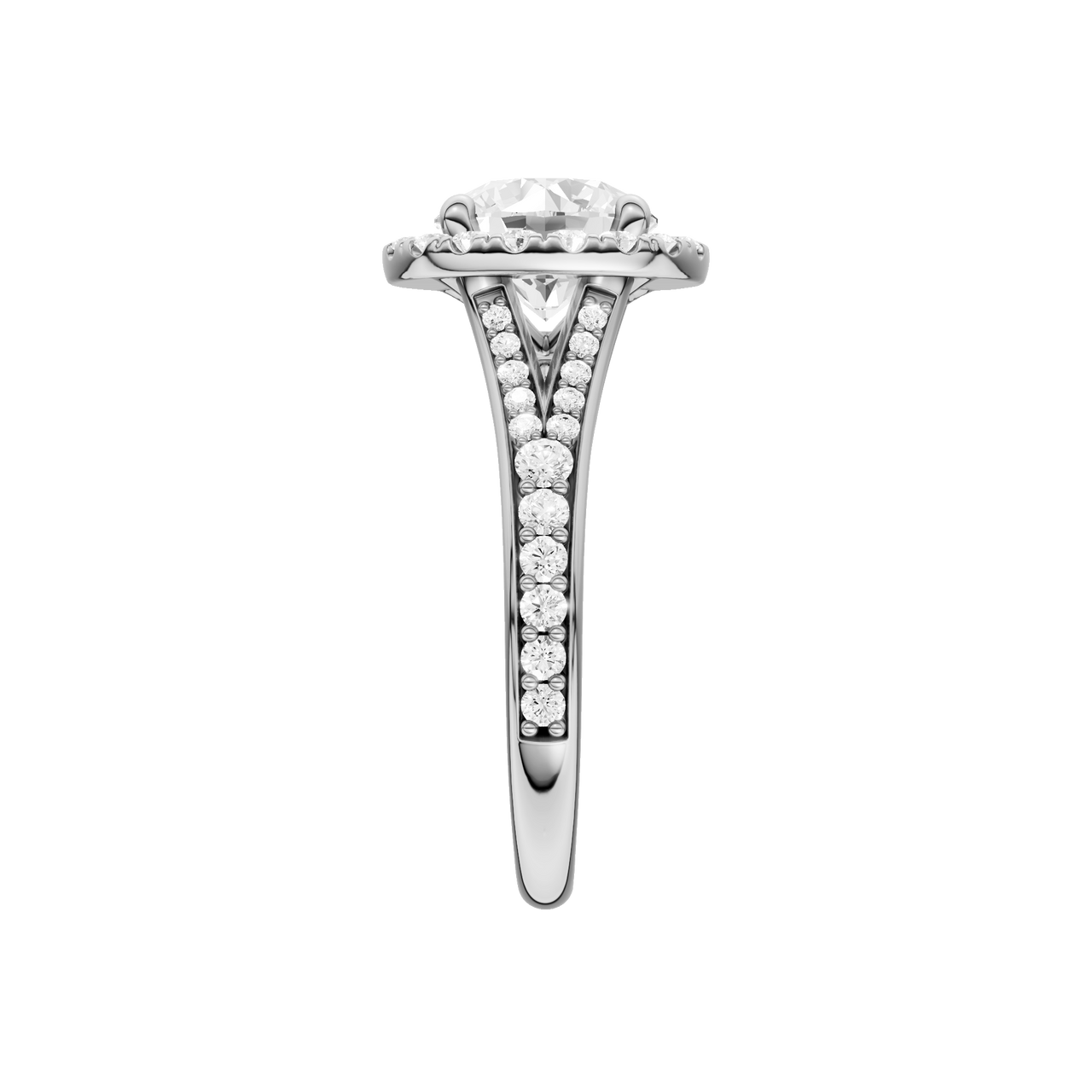 A side view of the Round cut diamond engagement ring in platinum with a diamond channel band and split setting