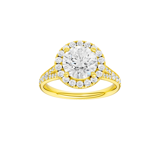 A front view of the Round cut diamond engagement ring in 14k yellow gold with a diamond channel band and split setting