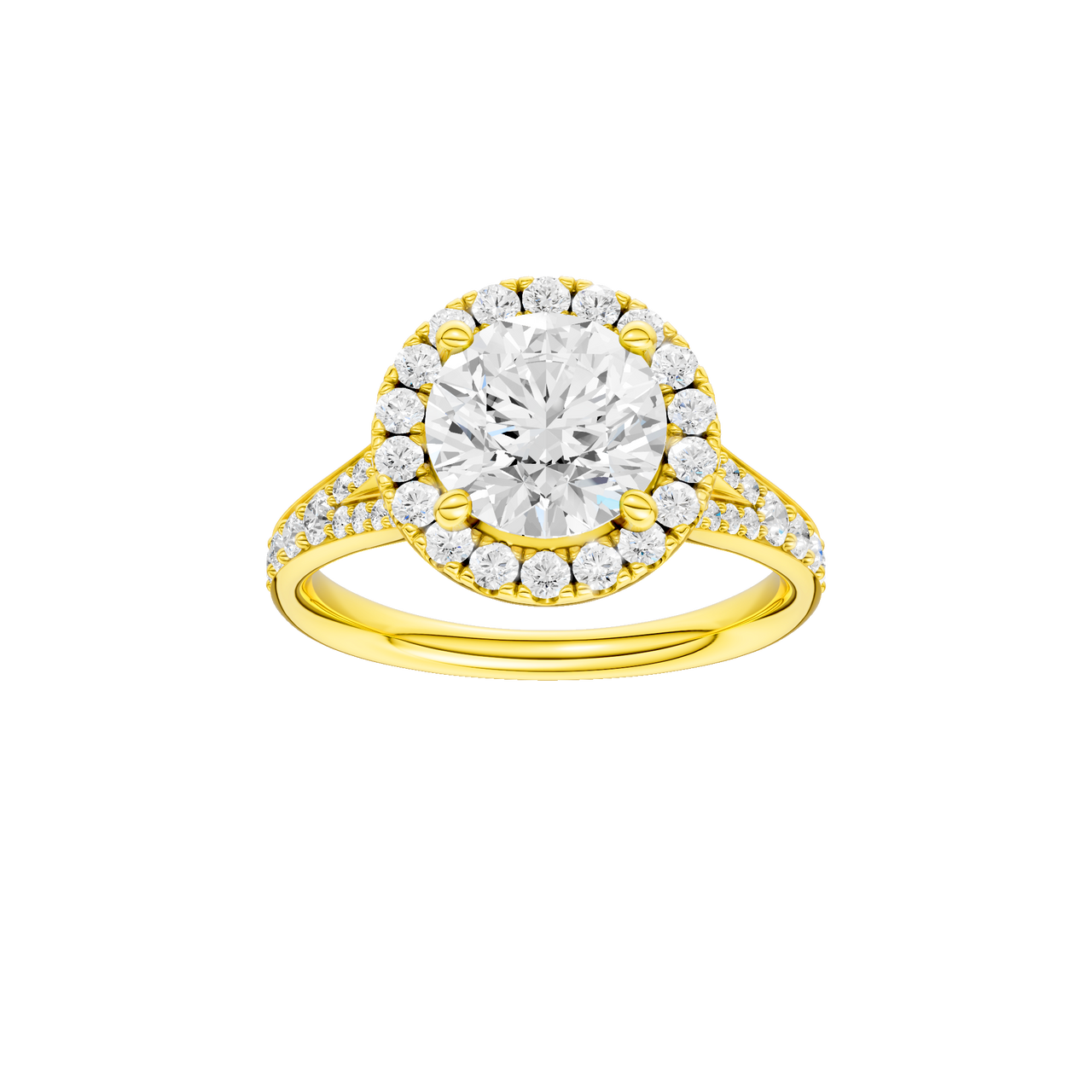 A front view of the Round cut diamond engagement ring in 14k yellow gold with a diamond channel band and split setting