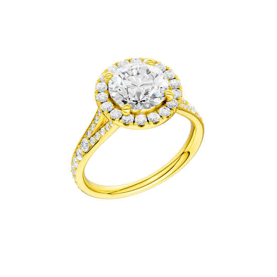 A three-quarter view of the Round cut diamond engagement ring in 14k yellow gold with a diamond channel band and split setting