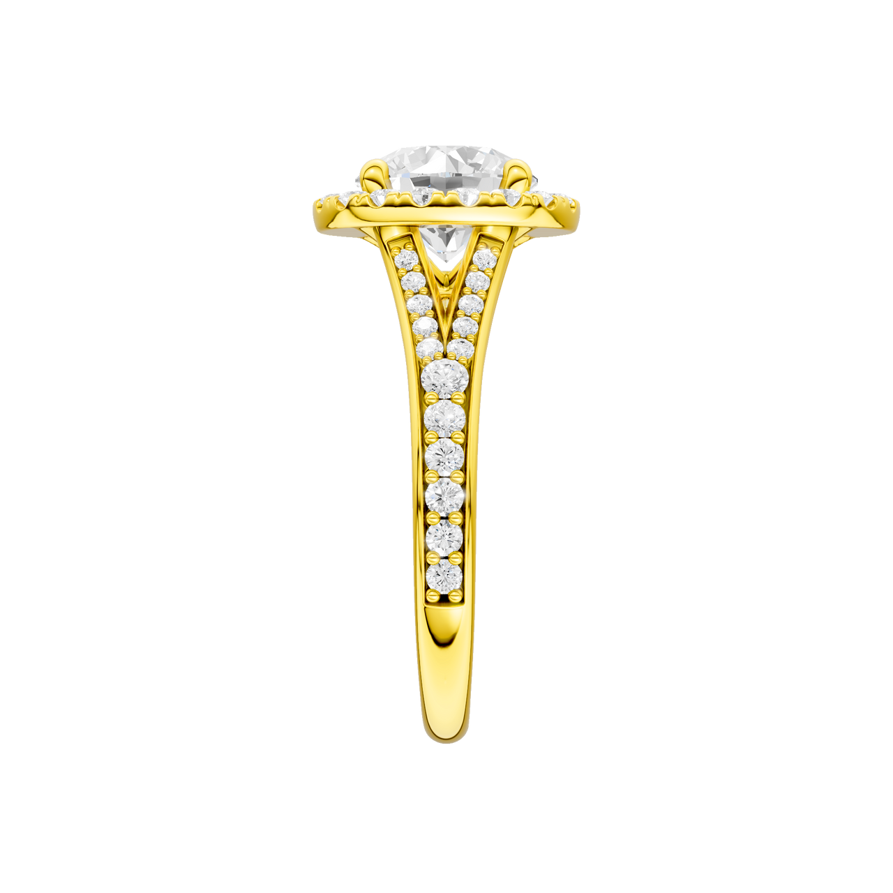 A side view of the Round cut diamond engagement ring in 14k yellow gold with a diamond channel band and split setting