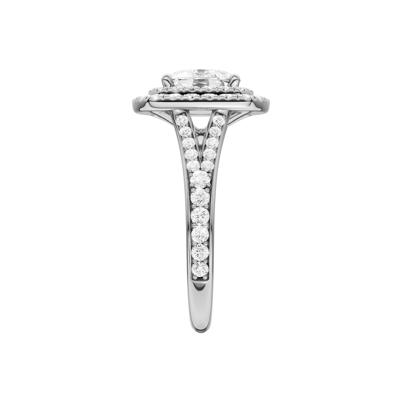 A side view of the Elongated Cushion cut diamond engagement ring in platinum with a channel band and double halo setting