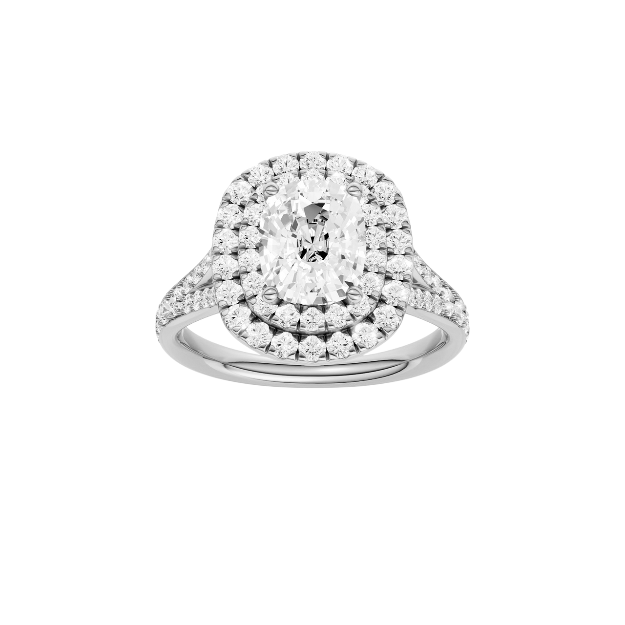 A front view of the Elongated Cushion cut diamond engagement ring in 14k white gold  with a channel band and double halo setting