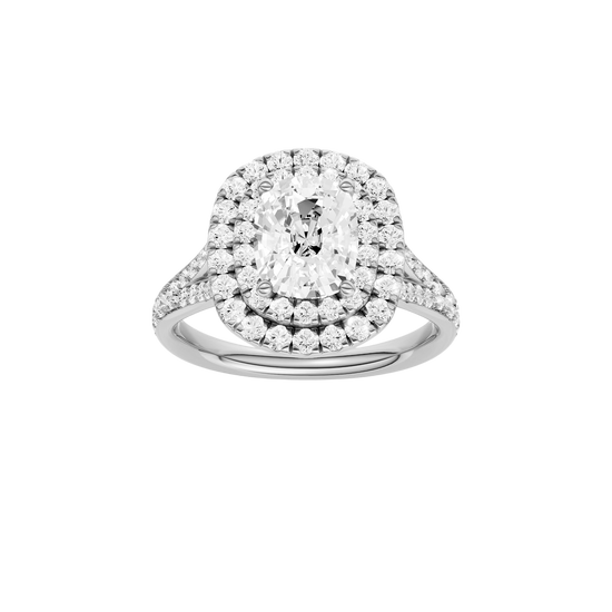 A front view of the Elongated Cushion cut diamond engagement ring in platinum with a channel band and double halo setting