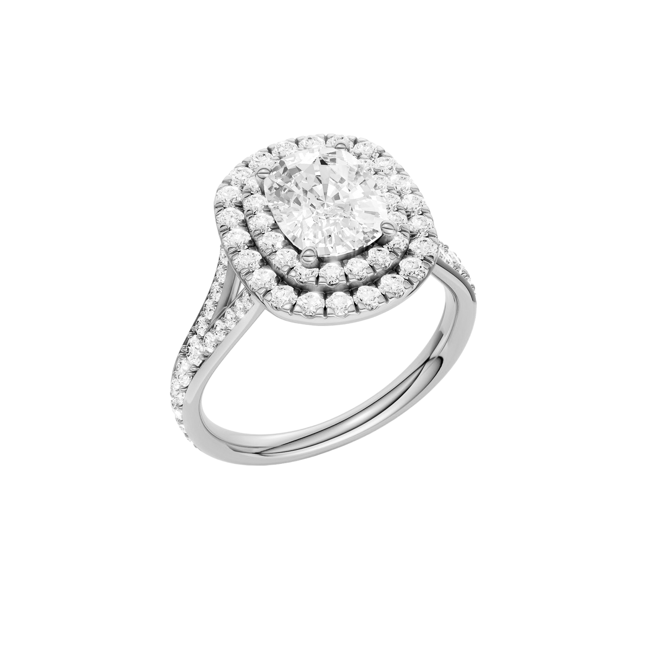A three-quarter view of the Elongated Cushion cut diamond engagement ring in platinum with a channel band and double halo setting