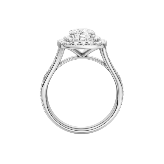 A profile view of the Elongated Cushion cut diamond engagement ring in 14k white gold  with a channel band and double halo setting