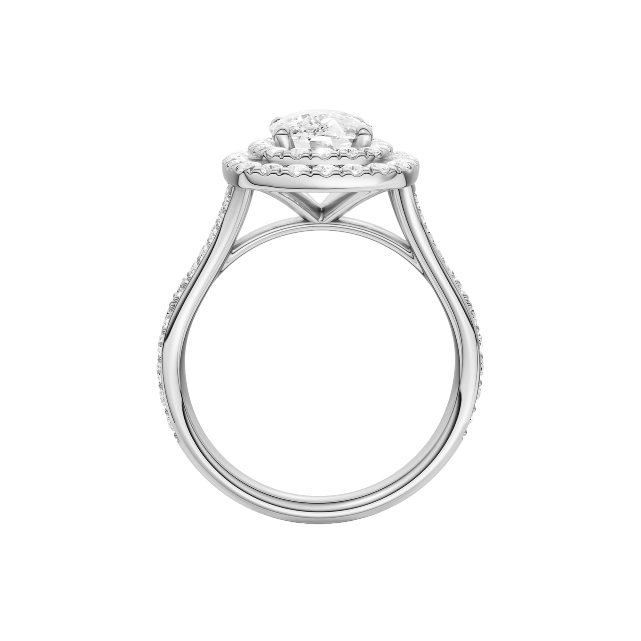 A profile view of the Elongated Cushion cut diamond engagement ring in 14k white gold  with a channel band and double halo setting