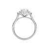 A profile view of the Elongated Cushion cut diamond engagement ring in platinum with a channel band and double halo setting