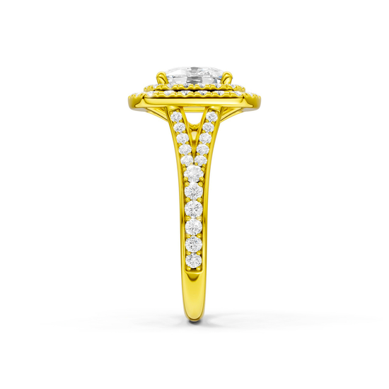 A side view of the Elongated Cushion cut diamond engagement ring in 14k yellow gold  with a channel band and double halo setting