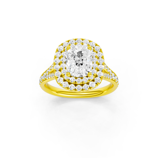 A front view of the Elongated Cushion cut diamond engagement ring in 14k yellow gold  with a channel band and double halo setting