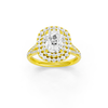 A front view of the Elongated Cushion cut diamond engagement ring in 14k yellow gold  with a channel band and double halo setting