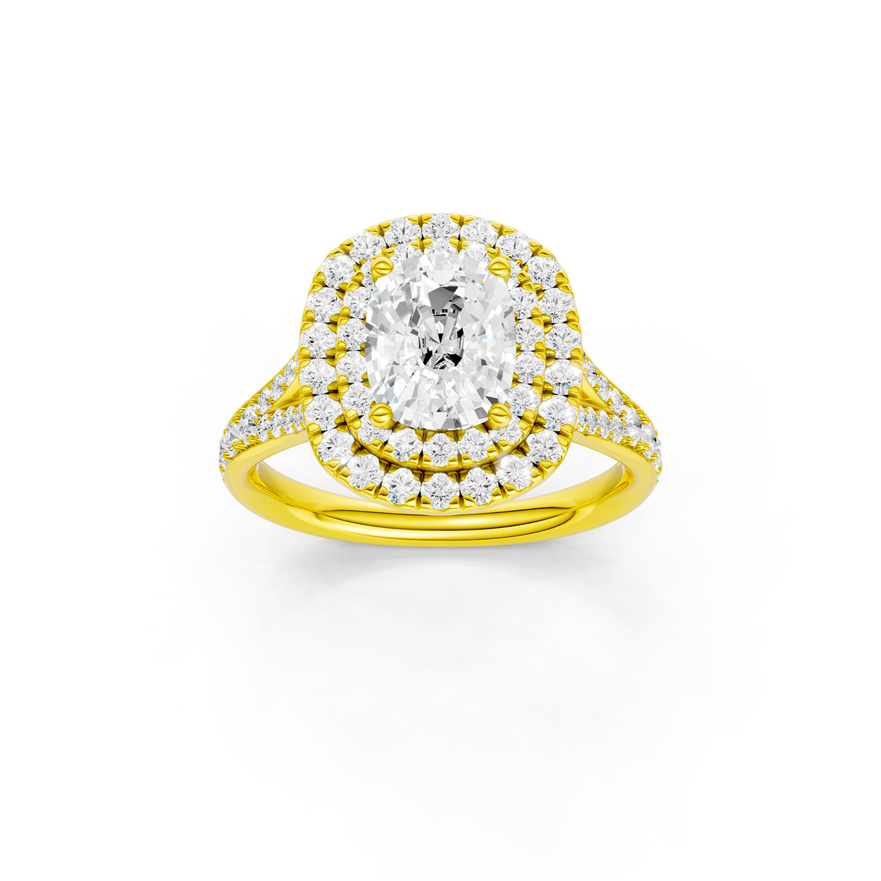 A front view of the Elongated Cushion cut diamond engagement ring in 14k yellow gold  with a channel band and double halo setting