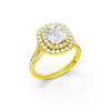 A three-quarter view of the Elongated Cushion cut diamond engagement ring in 14k yellow gold  with a channel band and double halo setting