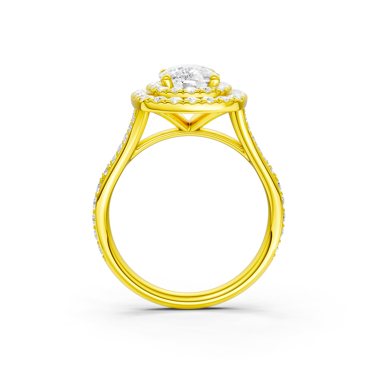 A profile view of the Elongated Cushion cut diamond engagement ring in 14k yellow gold  with a channel band and double halo setting