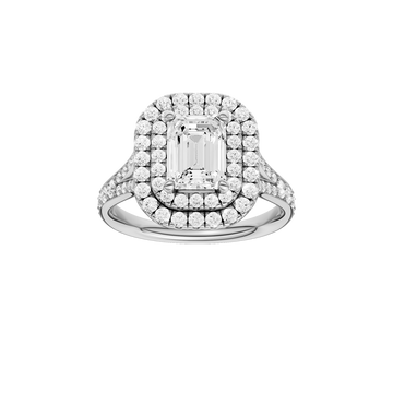 A front view of the Emerald cut diamond engagement ring in 14k white gold with a channel band and double halo setting