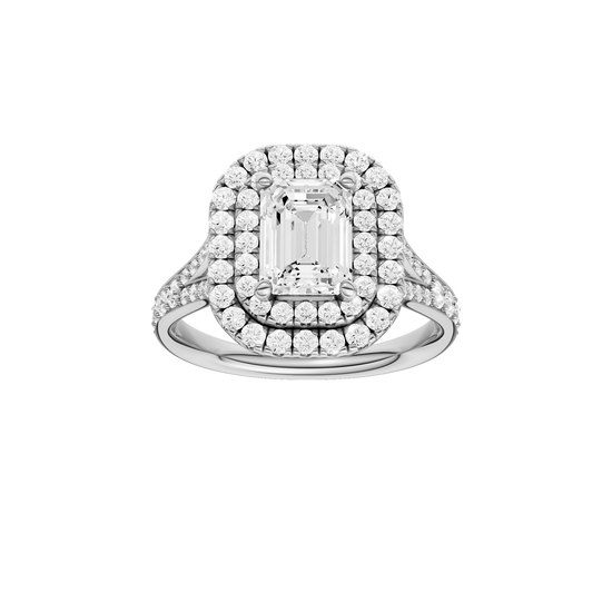 A front view of the Emerald cut diamond engagement ring in platinum with a channel band and double halo setting