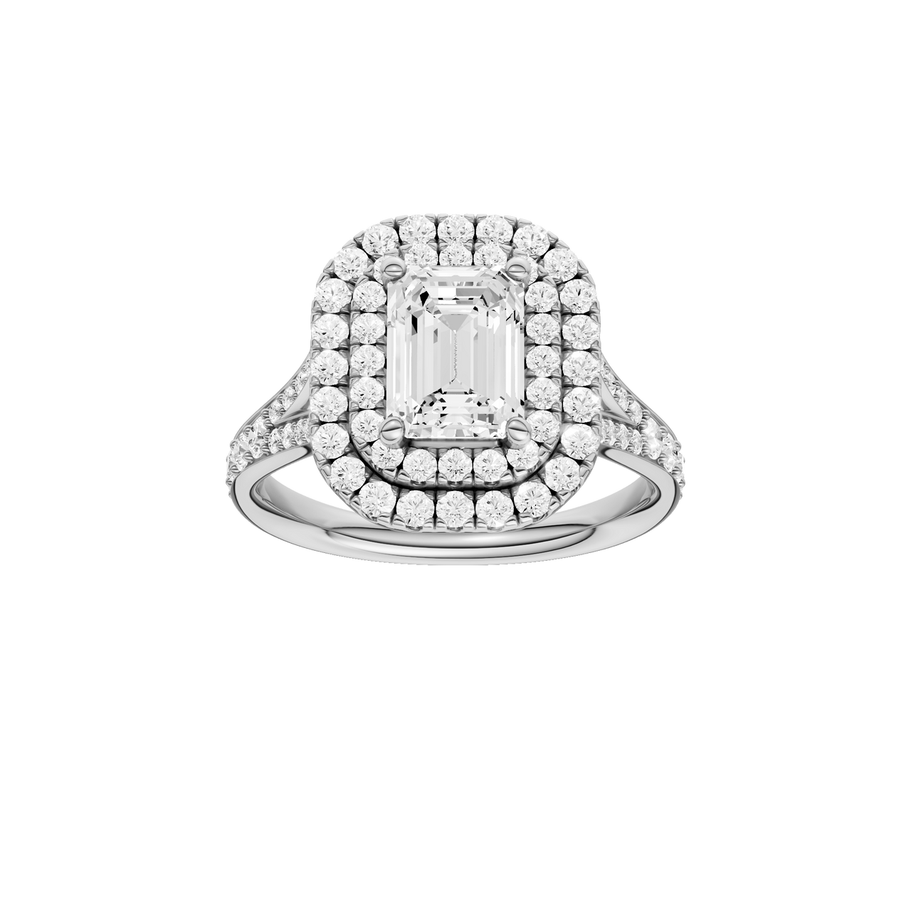 A front view of the Emerald cut diamond engagement ring in platinum with a channel band and double halo setting