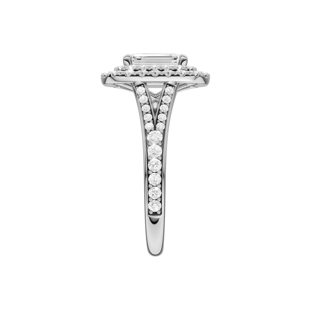 A side view of the Emerald cut diamond engagement ring in 14k white gold with a channel band and double halo setting