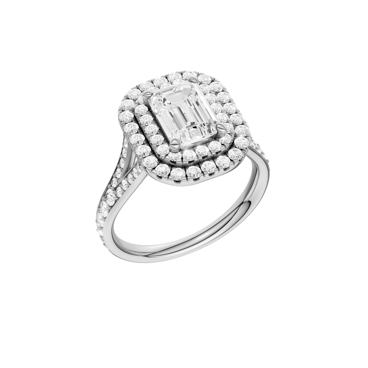 A three-quarter view of the Emerald cut diamond engagement ring in 14k white gold with a channel band and double halo setting