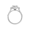 A profile view of the Emerald cut diamond engagement ring in platinum with a channel band and double halo setting