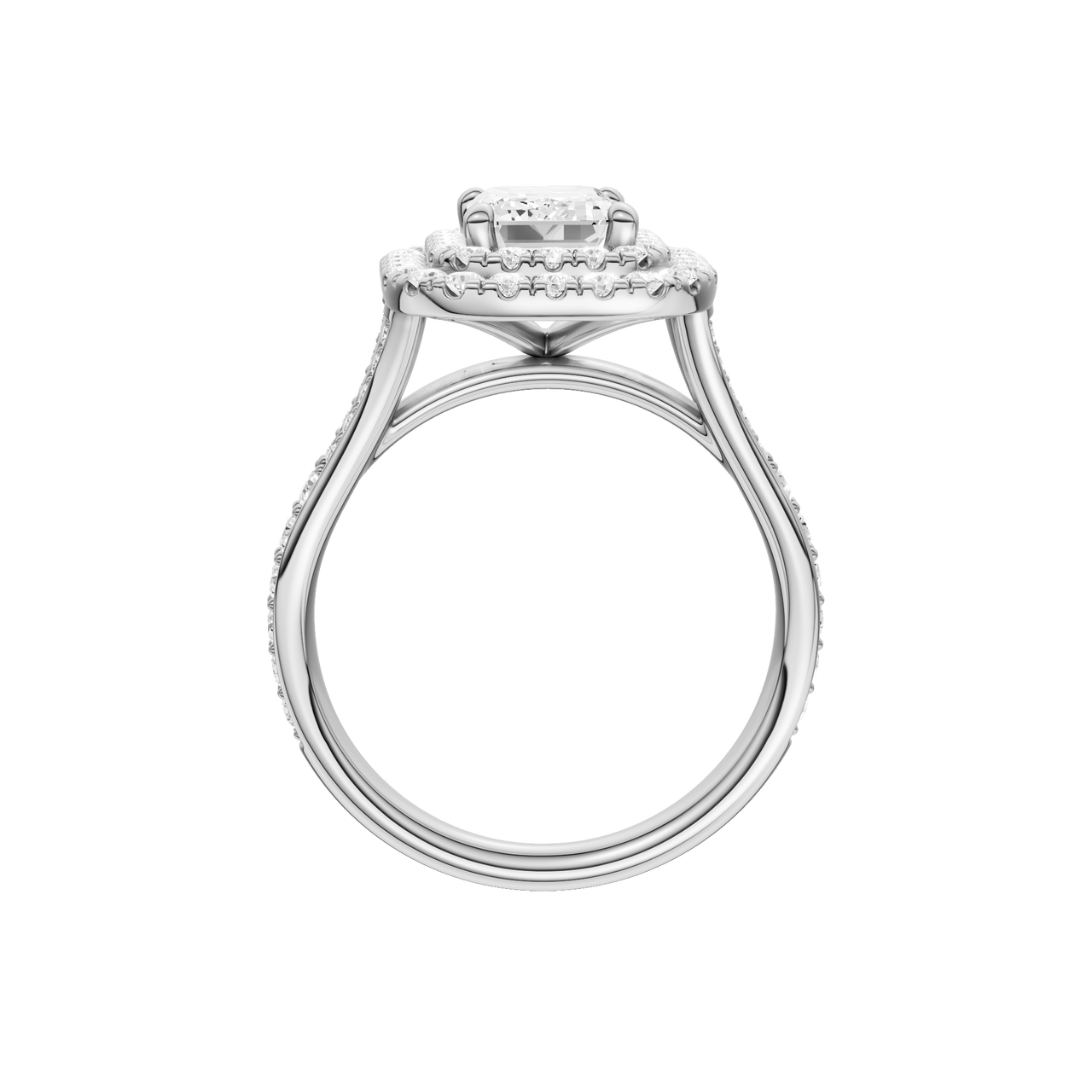 A profile view of the Emerald cut diamond engagement ring in 14k white gold with a channel band and double halo setting