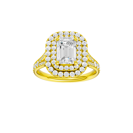 A front view of the Emerald cut diamond engagement ring in 14k yellow gold with a channel band and double halo setting